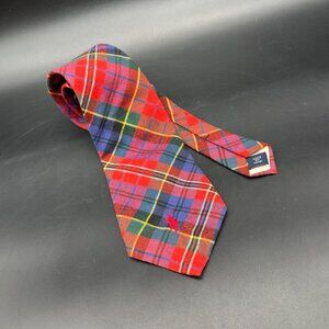 Vintage Plaid Tie Polo Ralph Lauren USA Red Blue Tartan Necktie Horse Logo 90s